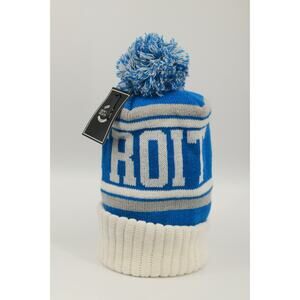 New York Headwear Detroit Knit Beanie Hat Pom Pom Blue Grey White Cuffed Winter